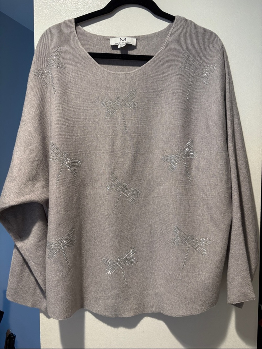 Magaschoni Light Gray Crewneck Sweater with Rhinestone Bows